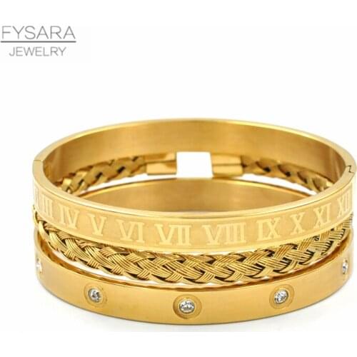 FYSARA Charm Design Cubic Zirconia Crystals Love Bangles Roman Bracelets Couple Women Jewelry Stainless Steel Bangles Set
