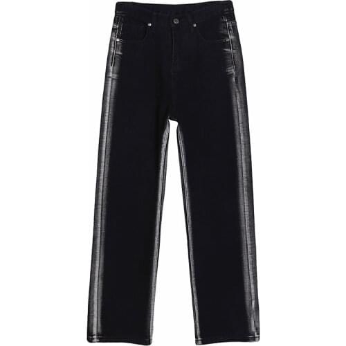 High Waist Black Jeans Stripe Color Patchwork Straight Loose Denim Pants Women Full Length Fall Trousers Streetwear Jean 0311