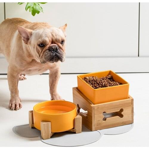 Pet Dog Accessories Ceramic Cat Supplies Bowl Wood Stand No Spill Food Water Bottle Feeder Elevated Raised Puppy Feeding Adjust