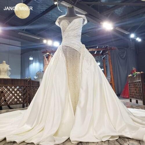 HTL1861 Champagne Crystal Satin Wedding Dress 2020 O-Neck Short Sleeve Sequined Pearls Appliques A-Line