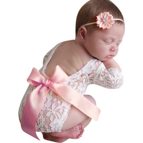 Newborn Infant Boys Girls Lace Bodysuits Photo Clothing Bow Lace Hair Band Set Photography Props+headband 2pcs Clothing L3