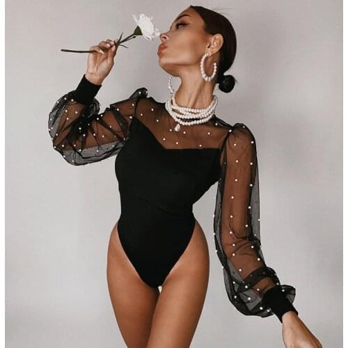 2021 Spring/Autumn Mesh Pearl Patchwork Long Puff Sleeve Sexy Bodysuits Women Fashion Streetwear Party Elegant Lday Rompers
