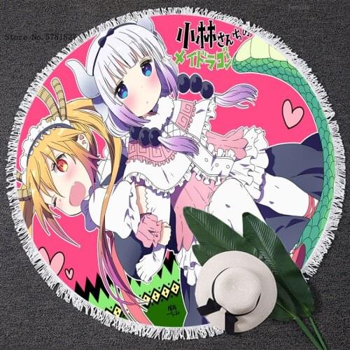 Miss Kobayashis Dragon Maid Round Tassels Beach Towel Lovely Kawaii Girls Blanket Yoga Matt Swim Cover Cloth Round Beach Towel