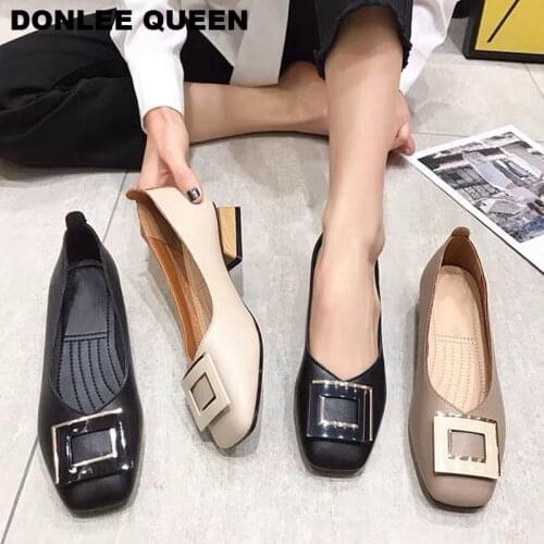 Fashion Metal Buckle Flats Casual Shoes Women Square Toe Low Heel Loafer Women Slip On Soft Moccasin Female Shoes Big Size 35-41