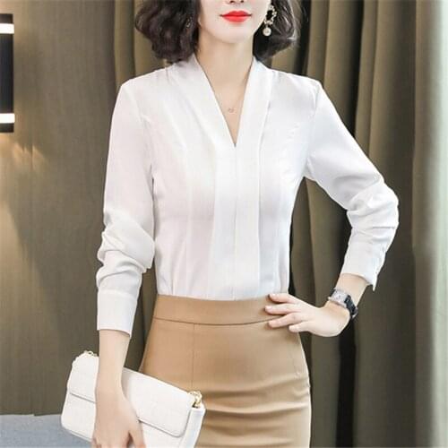 White Chiffon Shirt Women 2021 Spring Temperament V-neck Shirt Professional Womens Clothing Long Sleeve Top