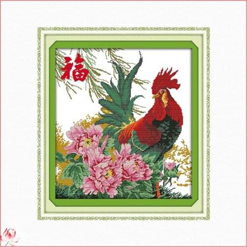The Rooster And The Peony Cross Stitch Kit Animal Pattern 14CT White 11CT Printed Embroidery Set DIY Home Decoration Painting