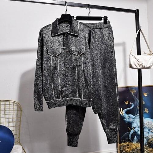 2020 Autumn Bright silk Knitted Set Women Long sleeve Sweater Pencil Pants Women Two Piece Outfits Casual Loose Knitwear Suit