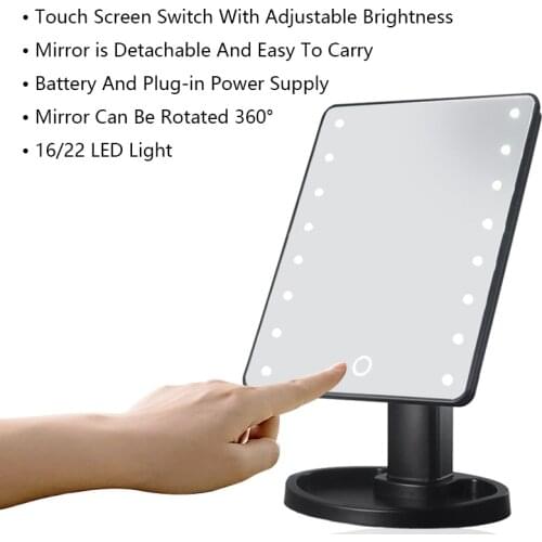 Rectangular Makeup Mirror with 16/22 LEDs Mirror Using USB and Dry Batteries Rotating-Touch-Switch Travel Bathroom Makeup Tool