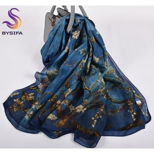 Orange Blue Winter Women Pure Silk Scarf Shawl Spring Fall Fashion Large Elegant Classical Long Scarves Wraps Printed 180*110cm