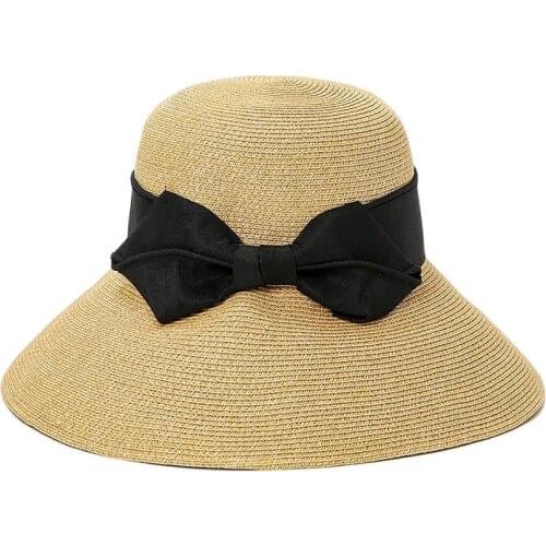 Sun Hat Big Black Bow Summer Hats Women Foldable Straw Beach Panama Hat Visor Wide Brim Femme Female Bohemia Shade Hat