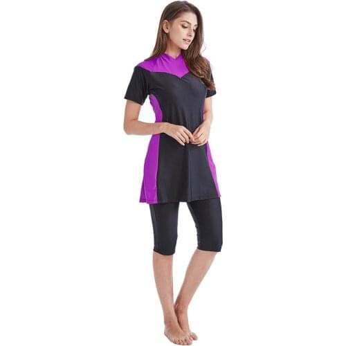 Modest Muslim Swimwear Bathing Suit Women Girls Short Sleeve Beach Wear Patchwork Islamic Swimsuits