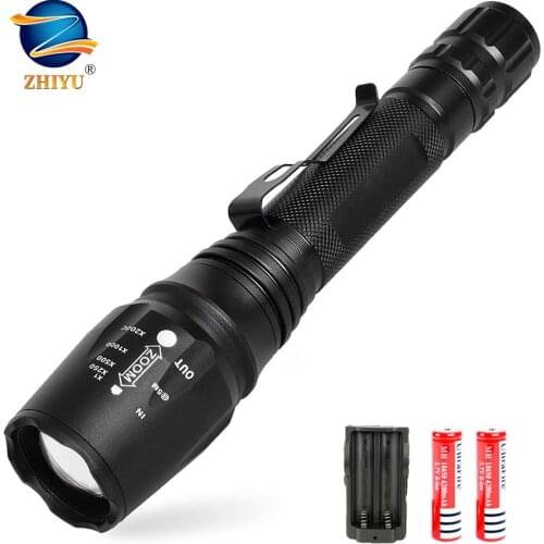 ZHIYU Tactical LED Flashlight 5 Modes Rechargeable Flash Light Waterproof Torch Zoomable Lamp Use Two 18650 Battery and Charger