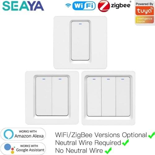 SEAYA WiFi ZigBee Tuya Smart Push Button Switch No Neutral Required 2MQTT Setup Control Wth Alexa Google Home 2/3 Way