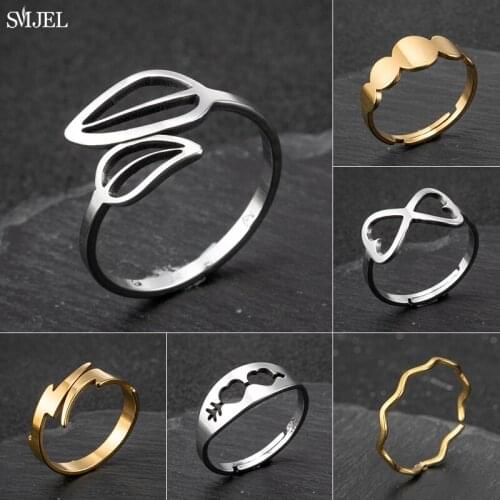 SMJEL Vintage Leaf Ring Women Girls Stainless Steel Romantic Gold Silver Color Casual Rings Jewelry Anniversary Gift Bride