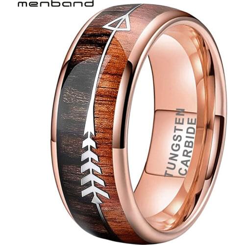 Tungsten Wedding Bands For Men Women Rose Gold Engagement Rings Domed Band Koa Wood And Arrow Inlay 8MM Comfort Fit