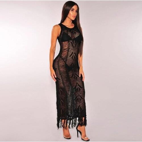 Knitted Beach Cover up Crochet Pareo Beach Swimsuit Cover up Bathing suit Cover ups Tassel Long beach Dress Robe de plage #Q493
