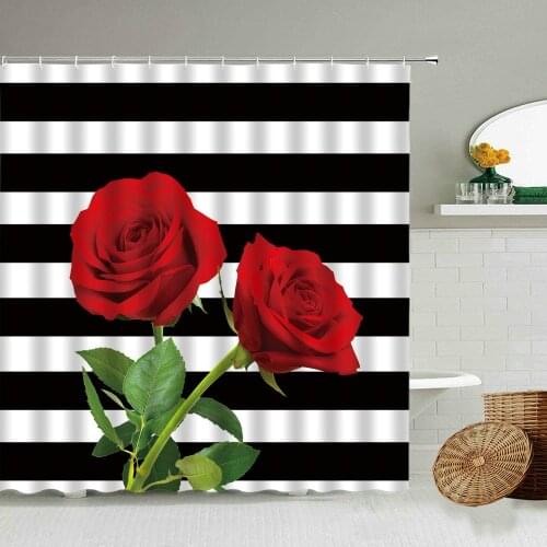Black And White Striped Red Rose Flower Shower Curtain Valentines Day Bathroom Decoration With Hook Waterproof Polyester Screen
