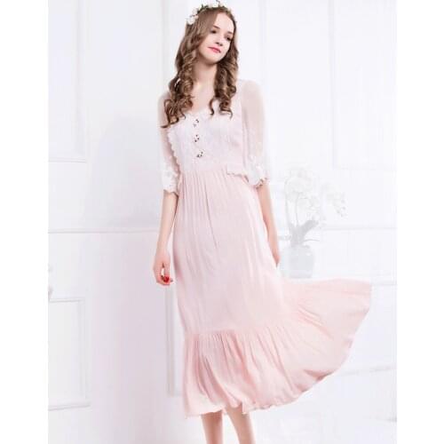 Elegant pink long home dress lady female Lace embroidery half sleeve nightgown Women V-neck sleepwear Free shipping