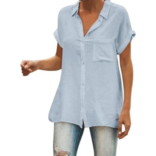 Women Casual Shirt Plus Size Solid Loose Shirts Buttons Turn-Down Collar Short Sleeves Top 2021 New Summer Women Clothes Shirts