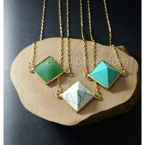 WT-N721 Gold Chain Necklace Jewelry Natural Green stone howlite triangle stone with 24k gold trim assorted colors necklaces