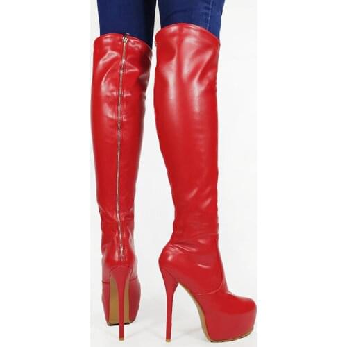 LAIGZEM Women Knee High Platform Boots Rount Toe Zip Up Stiletto Heels Faux Leather Unisex Shoes Woman Frauen Stiefel Size 44 52