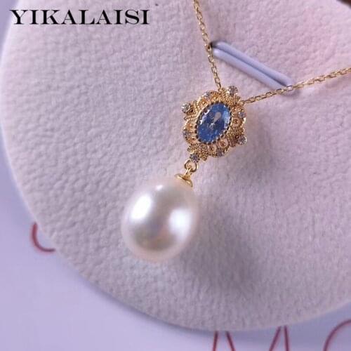 YIKALAISI 925 Sterling Silver Jewelry For Women 8-9mm Drop Shaped Natural Freshwater Pearl Blue Opal Pendants Necklaces