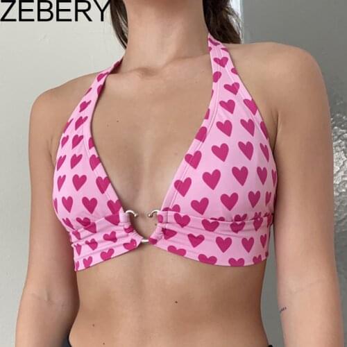 ZEBERY Pink Heart Print Cute Bustier Crop Top Women Y2K Aesthetic Kawaii Clothes Sleeveless Backless Lace Up Bralette Camisole