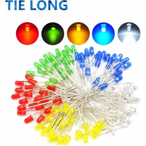 100pcs 3mm LED Light Assorted Kit DIY LEDs Set White Yellow Red Green Blue 5kinds X 20pcs=100pcs