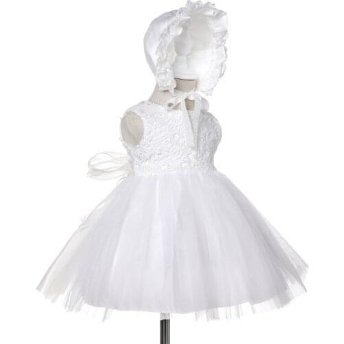 2Pcs Set Newborn Baptism Dress baby Girl Pageant Princess Wedding Christening Dresses Infant Lace Beaded Frock With Hat