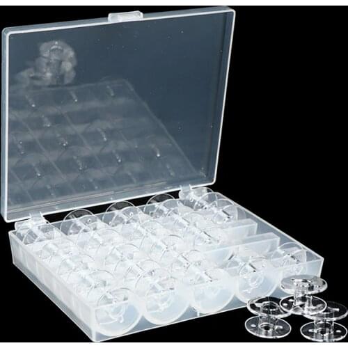 25 Spools + Empty Bobbins Case Organiser Sewing Machine Bobbin Clear Box Storage