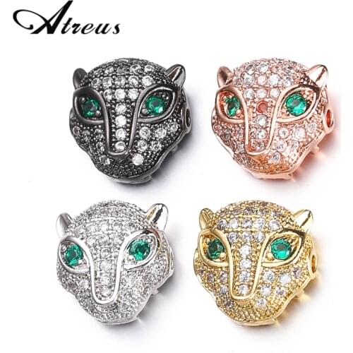 Atreus 3pcs Lion Panther Tiger Leopard Head Beads AAA Zirconia Crystal Copper Animal Charm Beads For Jewelry Making