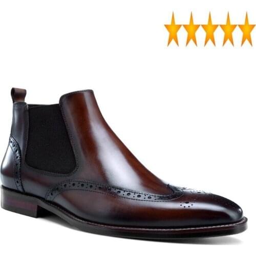 Brand Men Chelsea Luxury Vintage Slip On Thick Heels Brogues Ankle High Quality Genuine Leather Motorcycle Boots