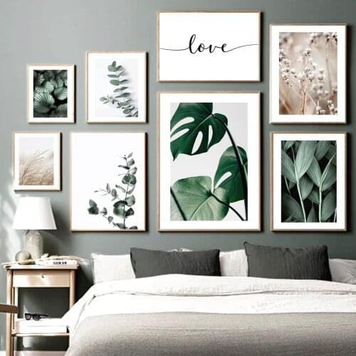 Eucalyptus Leaf Monstera Reeds Dried Flowers Wall Art Print Canvas Painting Plant Nordic Poster Decor Pictures For Living Room