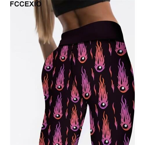 FCCEXIO New Fireball Printed Leggings Women High Waist Plus Size Pants Fitness Stretch Leggings Autumn Women GYM Pants XS-XL