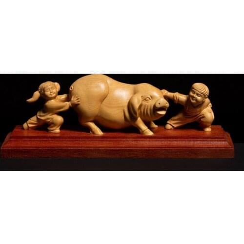 Chinese Country Style Two Children Playing with Pig Animal Sculpture Gothic Boxwood Miniature Creative Feng Shui Ornaments