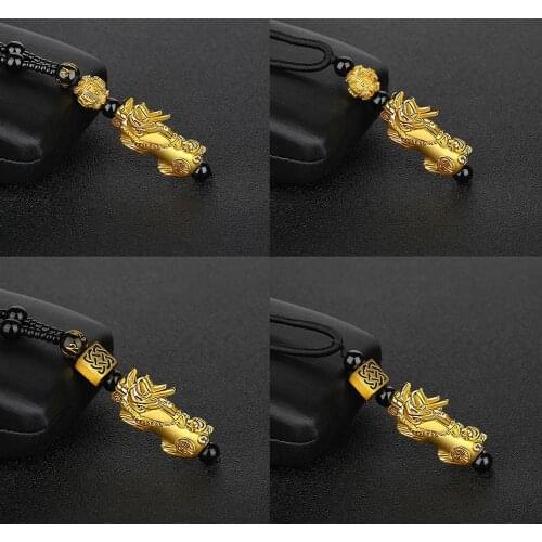 Chinese Feng Shui Pi Xiu Obsidian Pendant Wealth Good Luck Pixiu Necklace Stone Beads Necklace Men Women Unisex