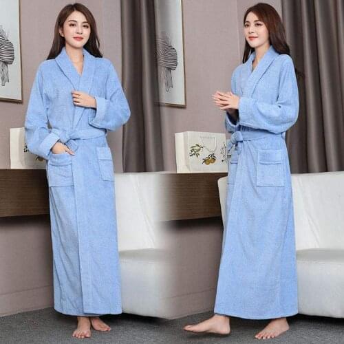 100% Cotton Toweling Terry Extra Long Extra Thick Robe Blue Bath Robe Women Nightrobe Sleepwear Casual Home Bathrobe