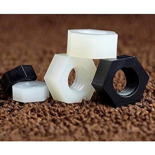 MroMax Hot 25/30/50/100pcs Nylon Acrylic Hexagon Plastic Nut M4 M5 Pitch 0.7/0.8mm Black White Transparent Hardware Fastener Nut