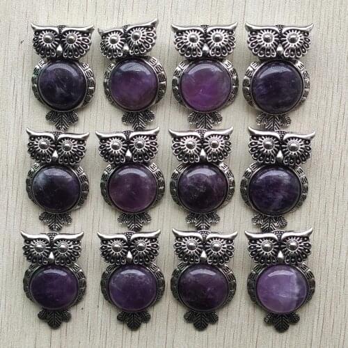 New fashion natural amethysts stone Vintage alloy owl pendants for jewelry accessories making wholesale 12pcs/lot free shipping
