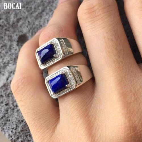 BOCAI New 2021 Trend S925 Silver Jewelry Natural Lapis Lazuli Man Ring Sharm Sapphire Bright Blue Valentines Day Gift