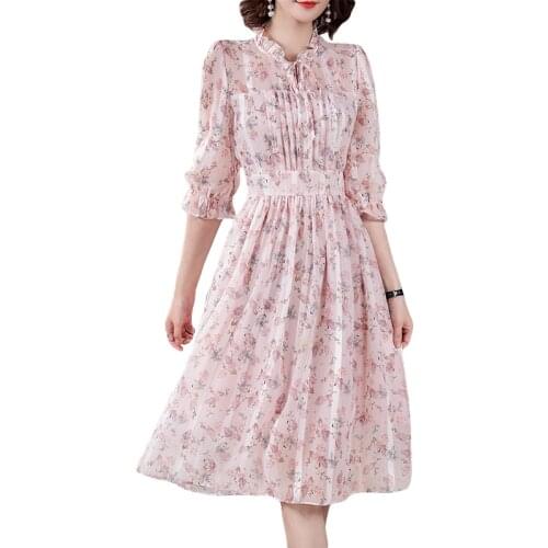 LUKAXSIKAX 2021 New Spring Summer Women Ruffled Three Quarter Sleeve Elegant Slim Dress Sweet Pink Floral Chiffon Dress