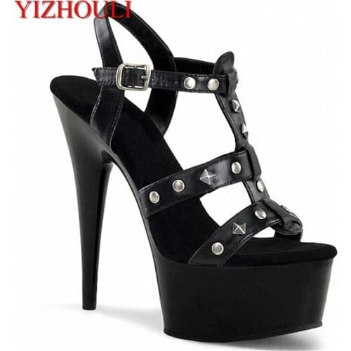 Summer new 15CM open-toe sandals, sexy rivet trim heels and black paint, dancing shoes