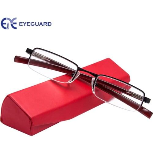 EYEGUARD Reading Glasses Half Metal Frame Mini Size Lens Readers Unisex with Hard Case Red