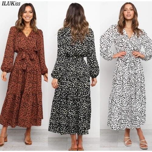 Fall Long Sleeve Maxi Dress Women Leopard Print Lace Up V Neck Elegant Dresses Casual 2021 Fashion Woman Clothing Spring Autumn