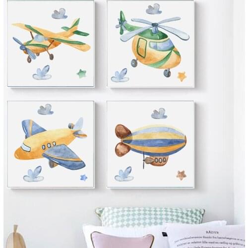 Simple Nordic cartoon watercolor helicopter plane cloud children room kindergarten decorative painting poster picture