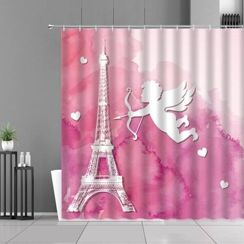 Romantic Paris Style Tower Love Cupid Shower Curtain Pink Valentines Day Home Decor Bathroom Curtains Waterproof Bath Screen