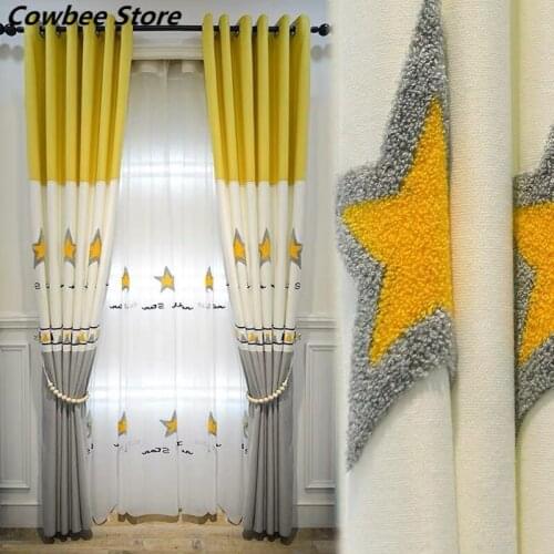 Childrens Room Cartoon Living Room Bedroom Curtains Star Stitching Paste Velvet Embroidered Curtains