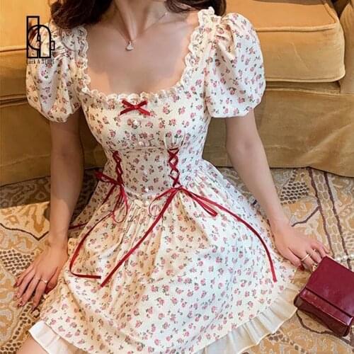 Summer Vintage Floral Dress Women Lace Up Japanese Casual Kawaii Elegant Mini Dress Short Sleeve Princess Chic Party Sweet Dress