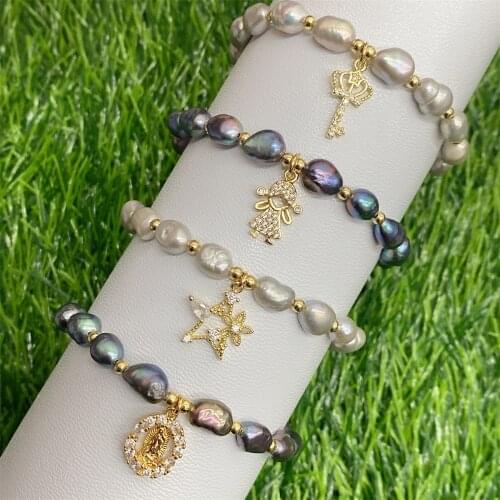2020 Jewelry Boho Letter Natural Freshwater Pearl Beaded Plastic Elastic Rope CZ Connector Couples Unisex Charm Bracelet