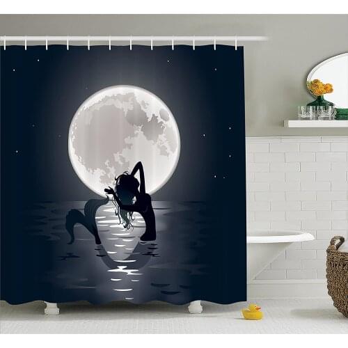 Mermaid Decor Shower Curtain Mermaid Singing at Night Silhouette Full Moon Lights Mythical Ornament Bath Curtain For Bathroom